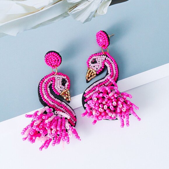 Pink Flamingo Seed Beaded Resort Style Earrings NEW - Picture 3 of 4